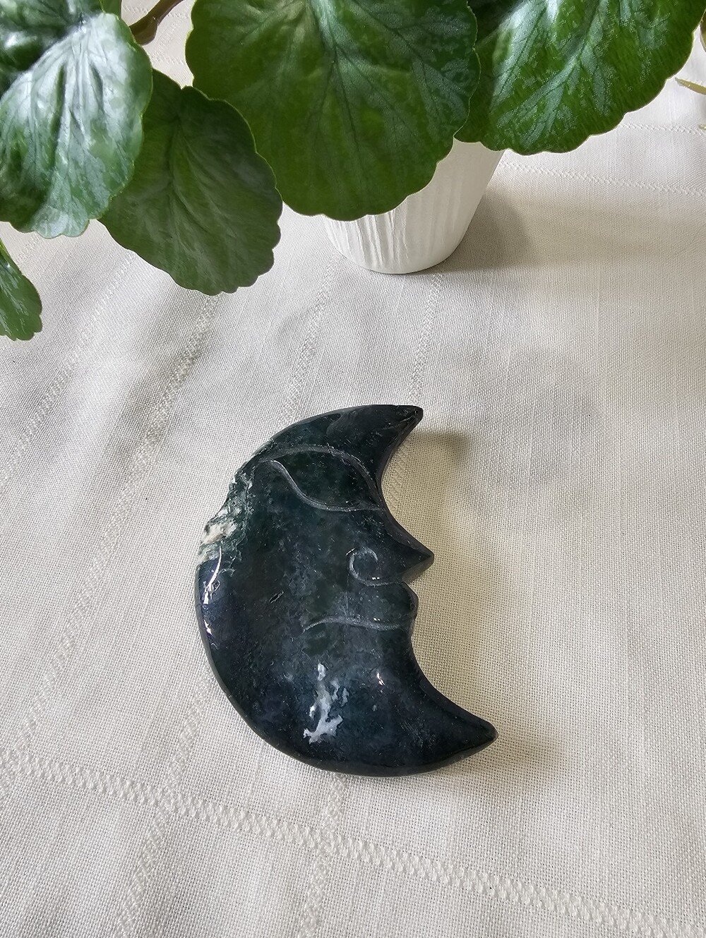 Moss Agate Crescent Moon Stone Carving